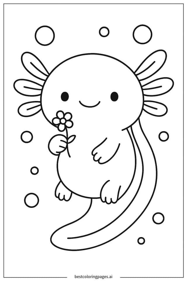 Adorable Axolotl Holding a Tiny Flower Coloring Pages