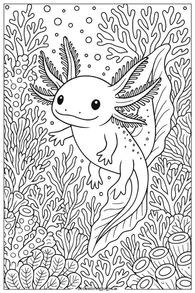 Axolotl Exploring Coral Reef Coloring Page