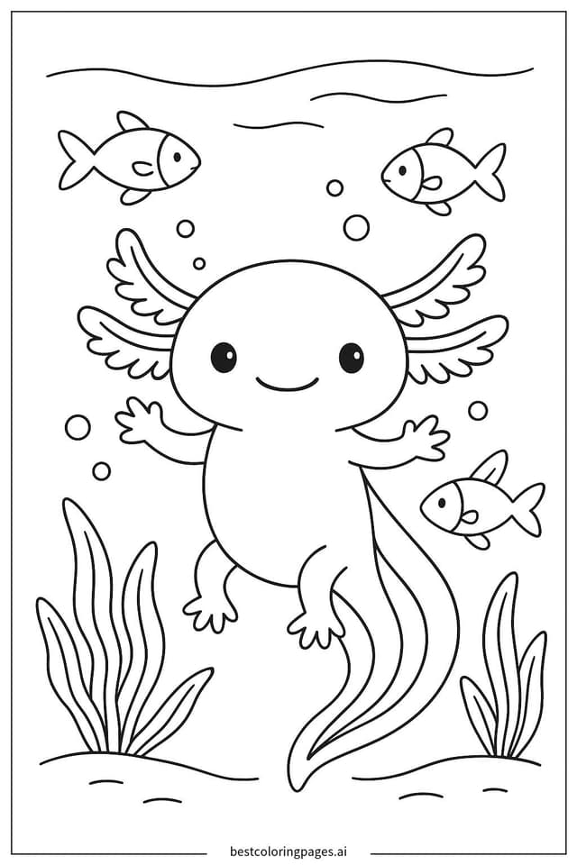 Axolotl Enjoying a Playful Swim with Colorful Fish Coloring Pages