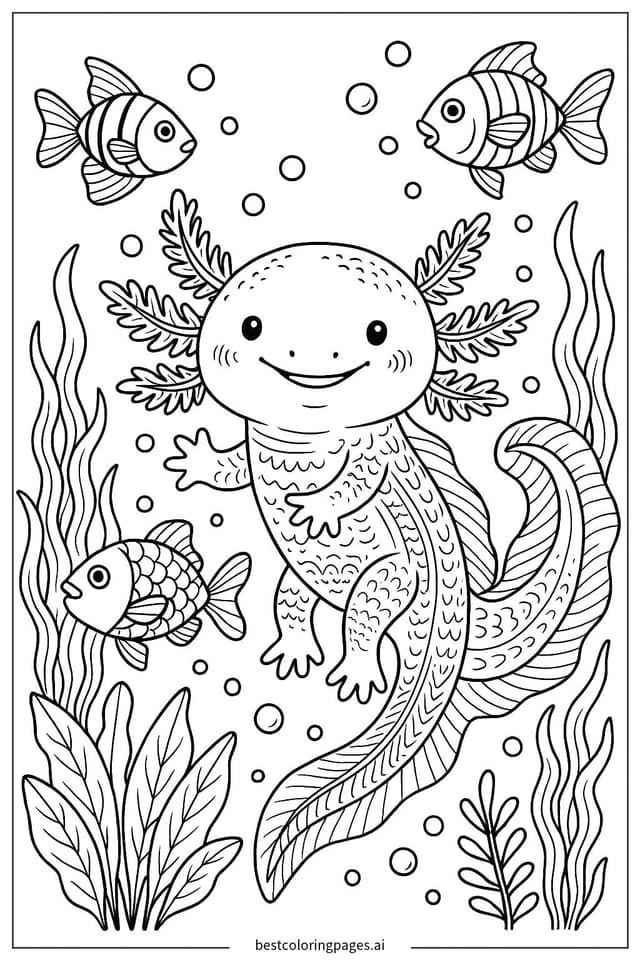 Playful Axolotl with Fish Coloring Page