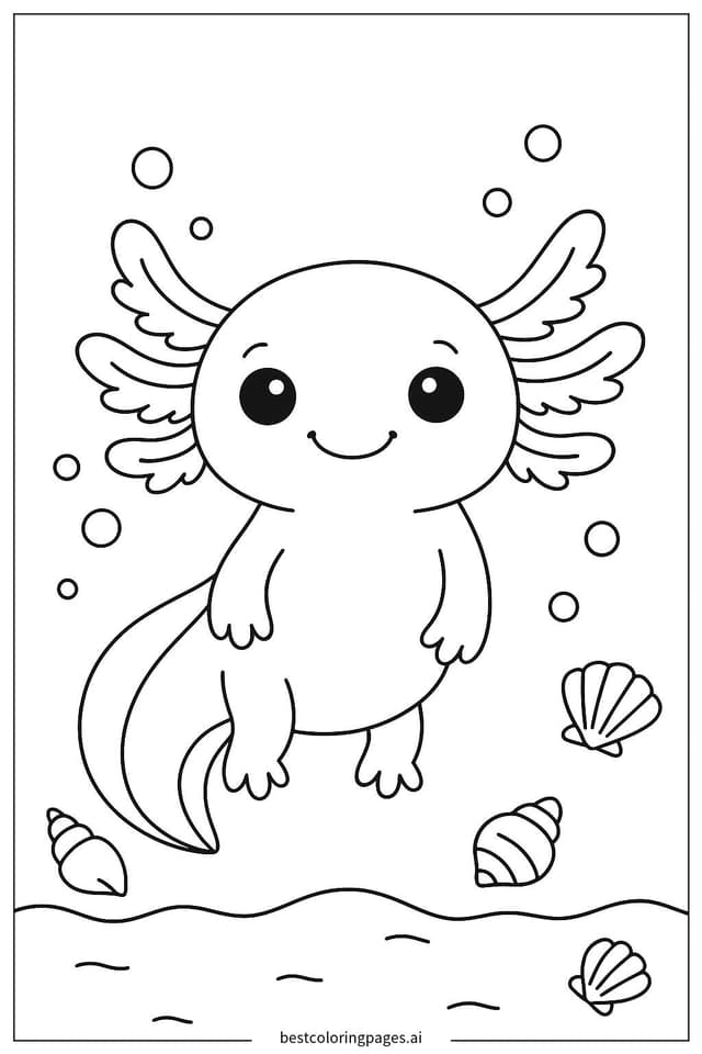 Axolotl with Small Shells in an Underwater Scene Coloring Pages