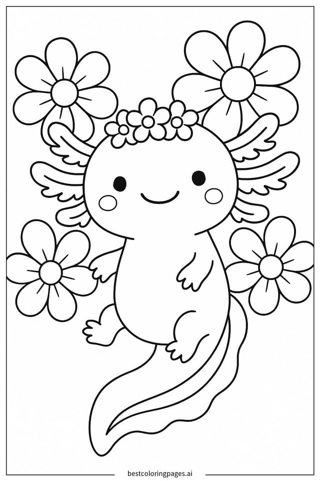 Axolotl with a Flower Crown Coloring Pages