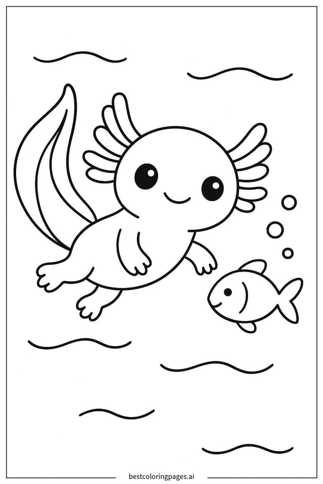 Adorable Axolotl and Fish Coloring Page Coloring Pages