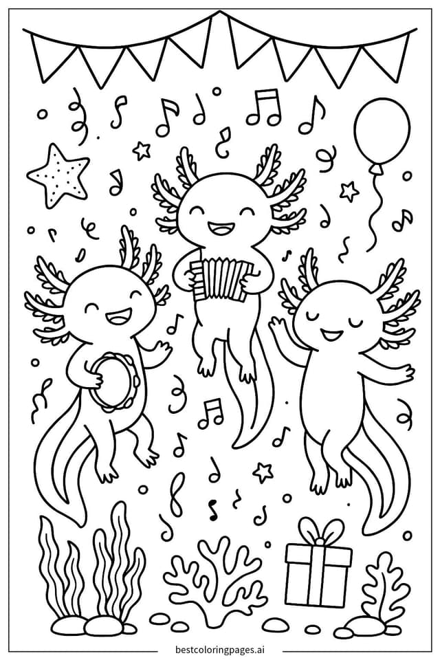 Axolotls Enjoying an Ocean Festival Coloring Pages