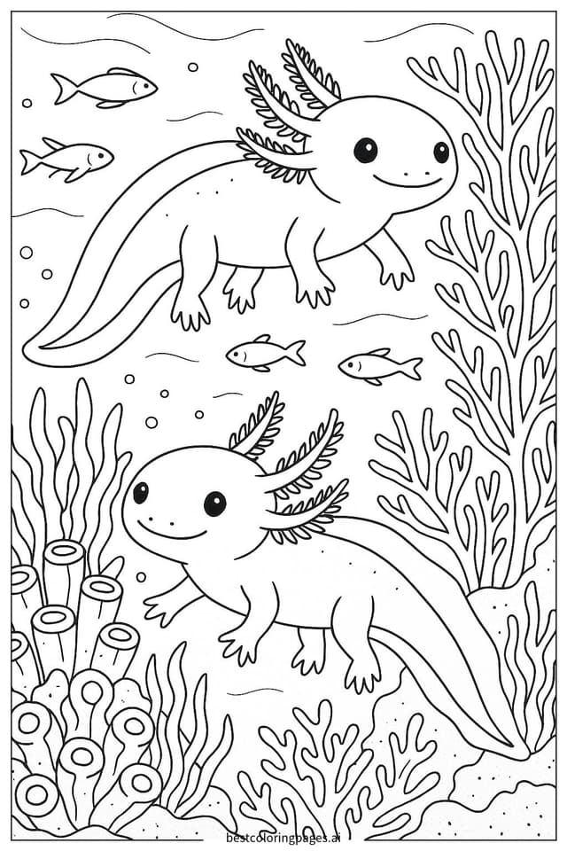 Axolotls Exploring a Coral Reef Coloring Pages