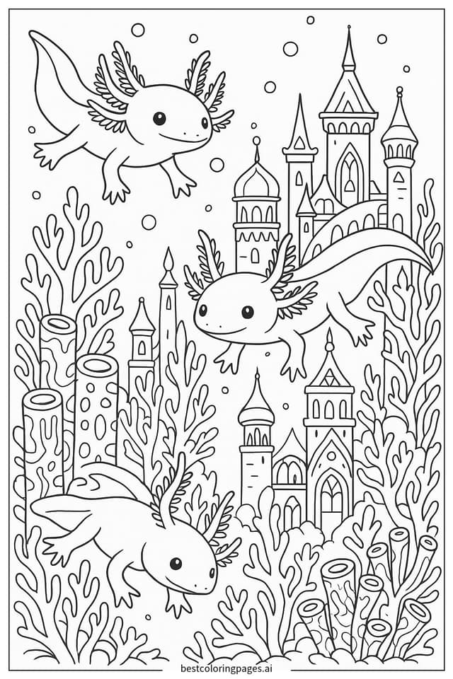Axolotls in a Magical Underwater City Coloring Pages