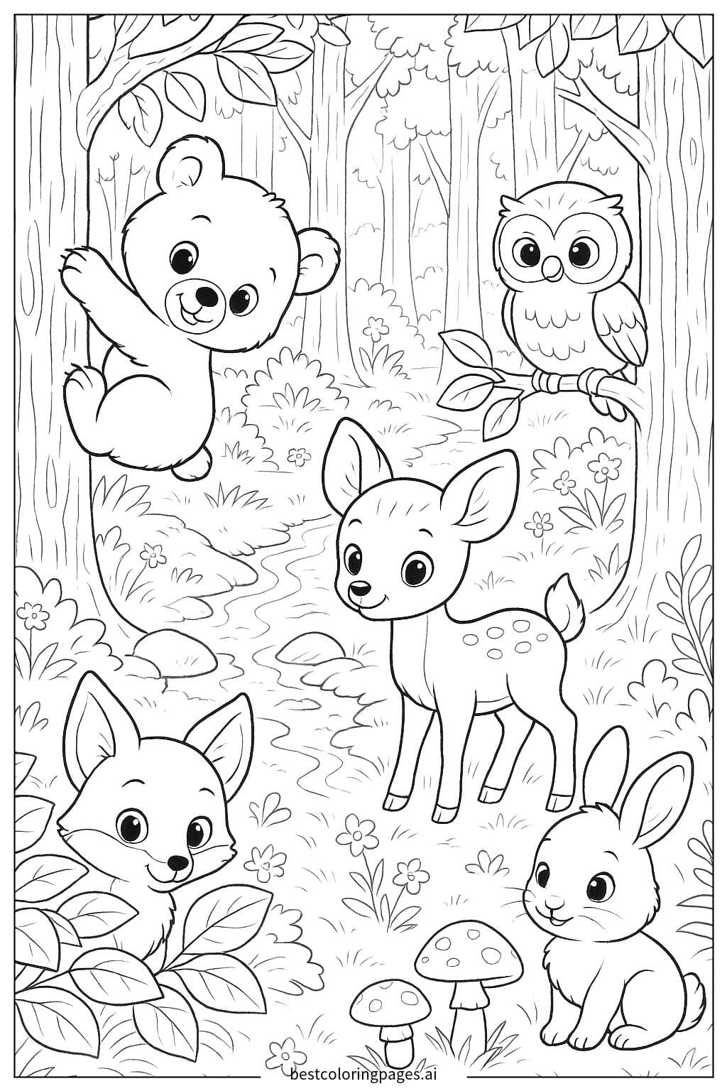 Adorable Baby Animals in a Forest Wonderland Coloring Page