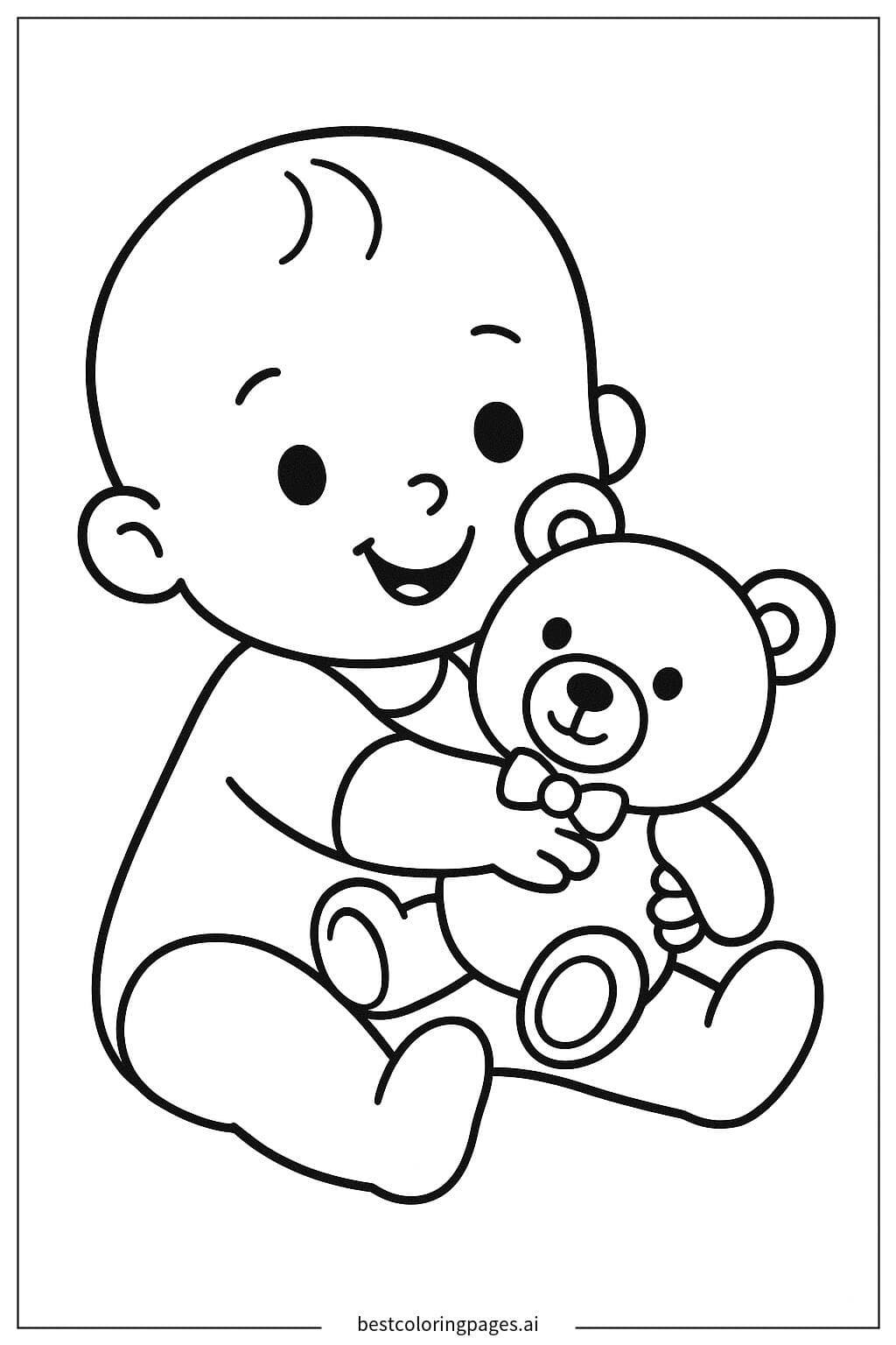 Adorable Baby with Teddy Bear Coloring Page