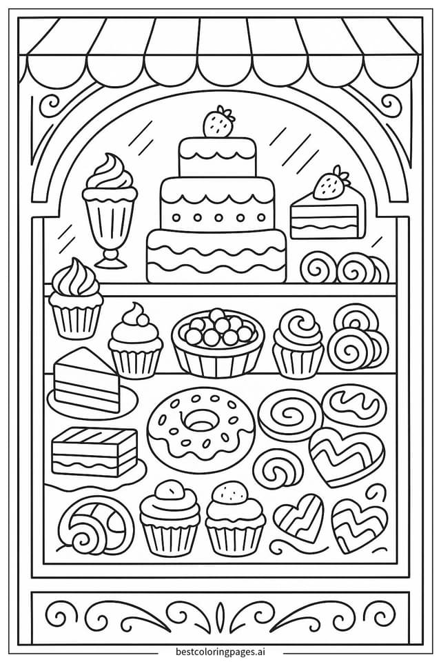 Disegni di Vetrina di Pasticceria da Colorare