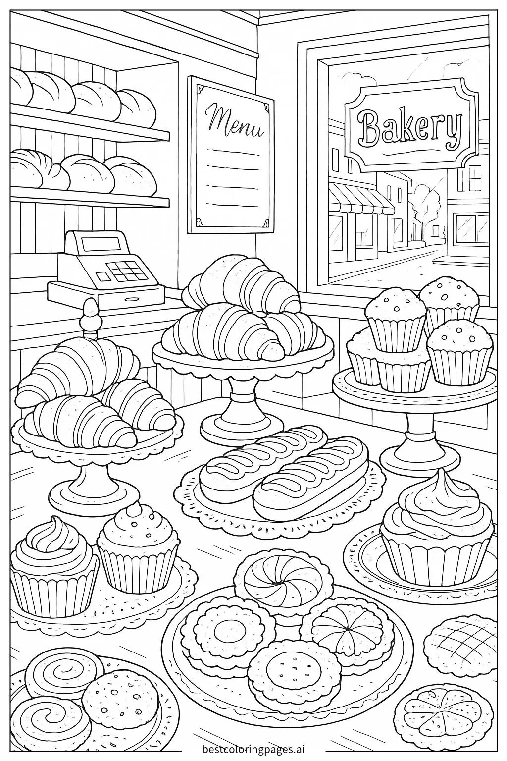 Bakery Display with Delicious Pastries Coloring Page