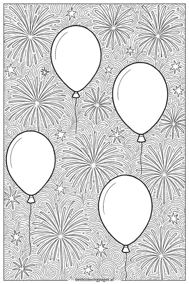Dibujos de Globos y fuegos artificiales en el cielo nocturno para Colorear