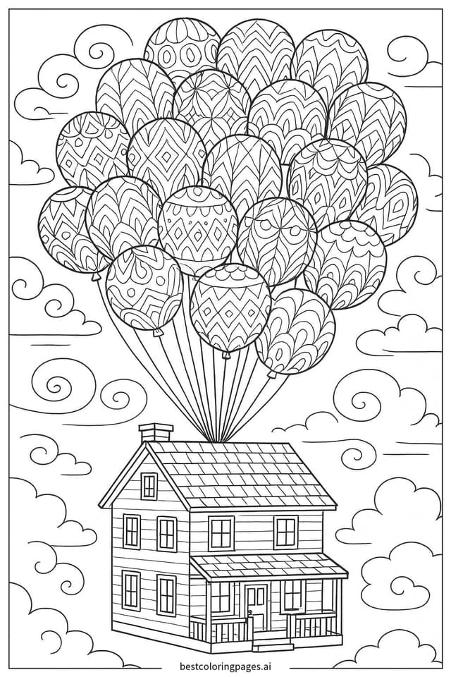 Dibujos de Globos llevando una casa para Colorear