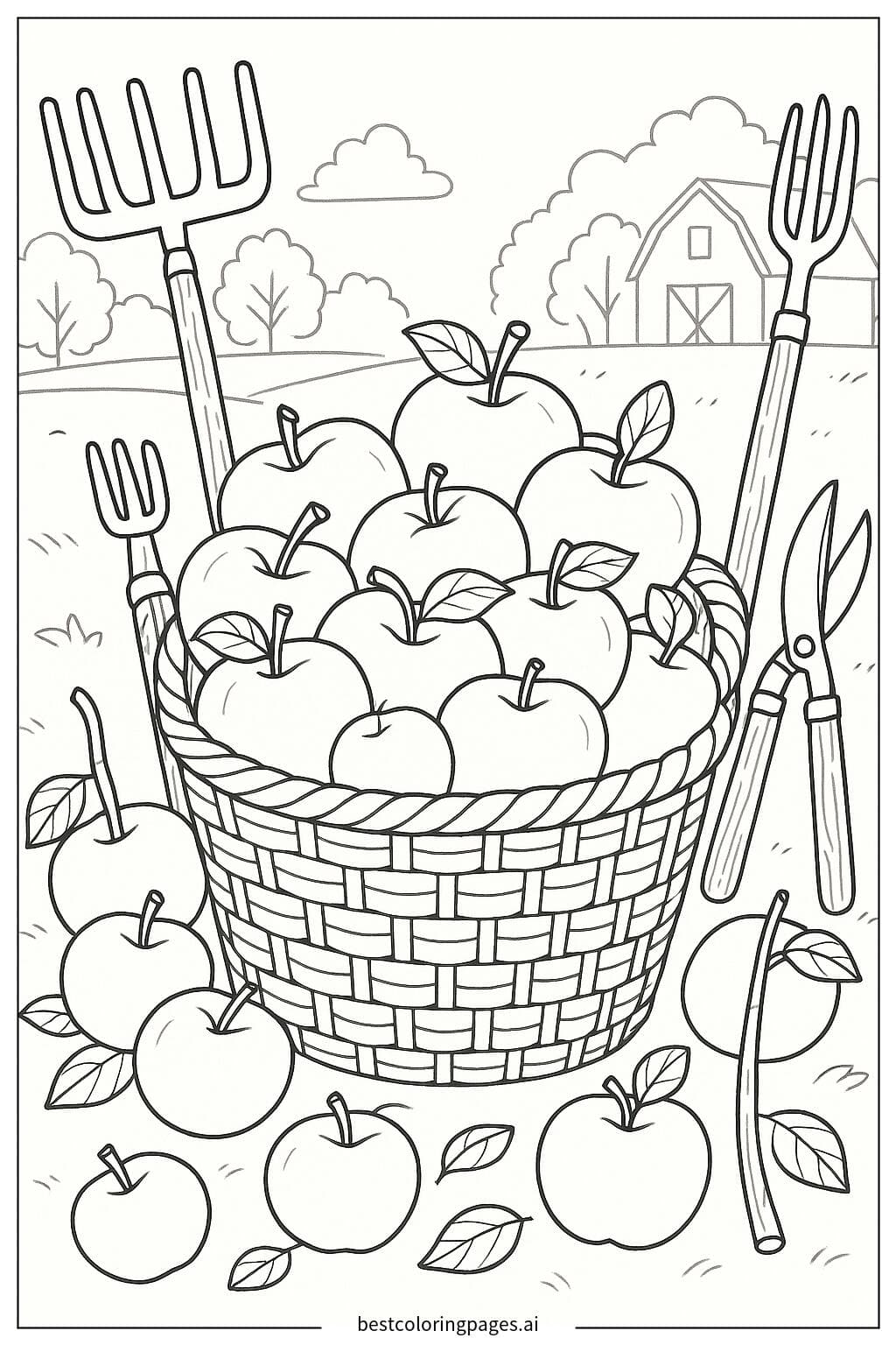Basket of Apples and Harvest Tools