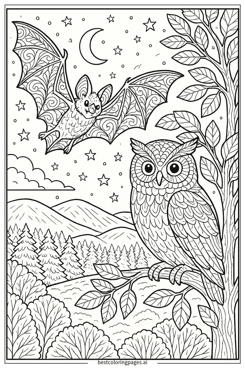 Desenhos de Morcego e coruja compartilhando o céu noturno para Colorir