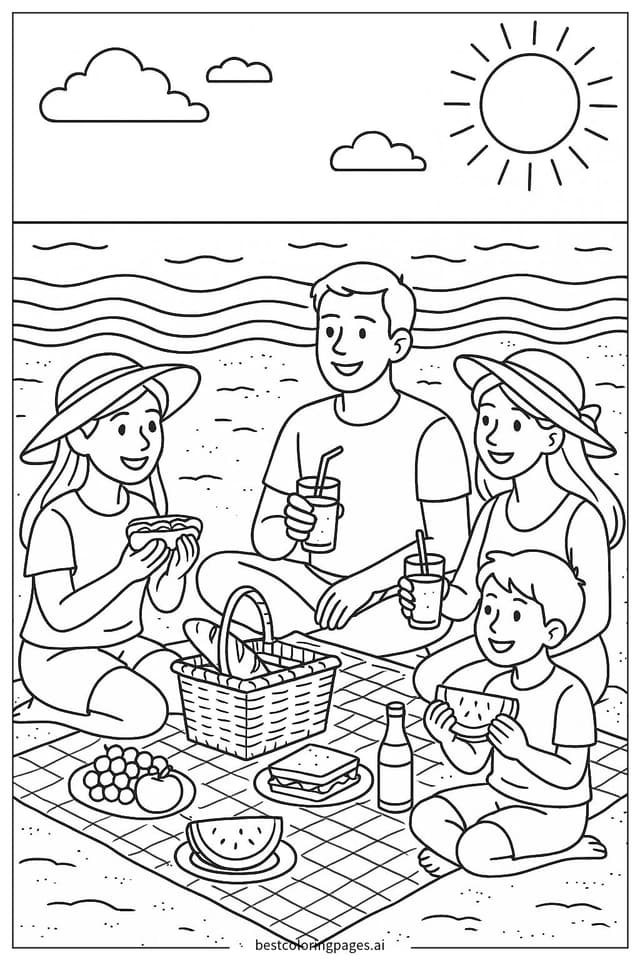 Familienpicknick am Strand Ausmalbilder