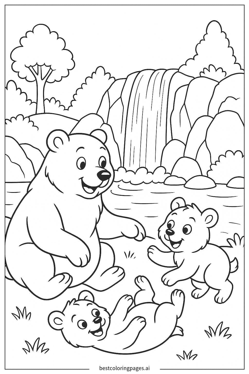 Playful Bears by a Waterfall