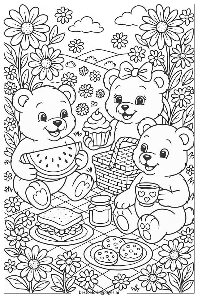Bären beim Picknick auf einer Wiese Ausmalbilder