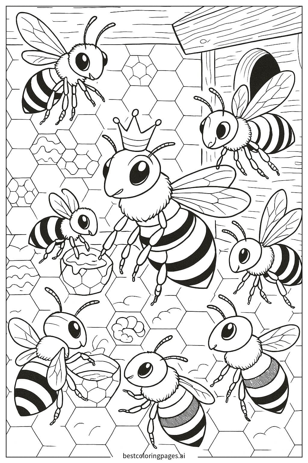 Bee Family Working Together in a Hive Coloring Page