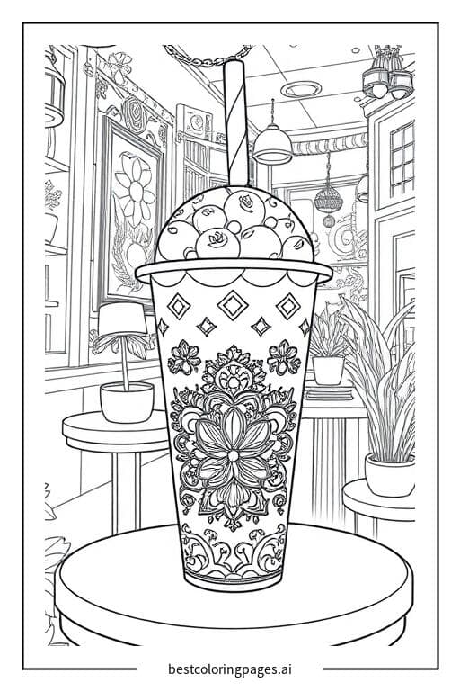 Boba Tea in a Cozy Café Coloring Pages