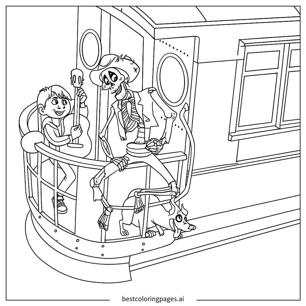 Boy and Skeleton Musician on a Train