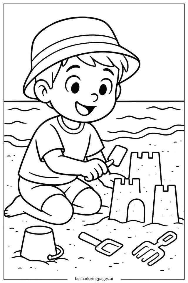 Boy Building a Sandcastle at the Beach Coloring Pages