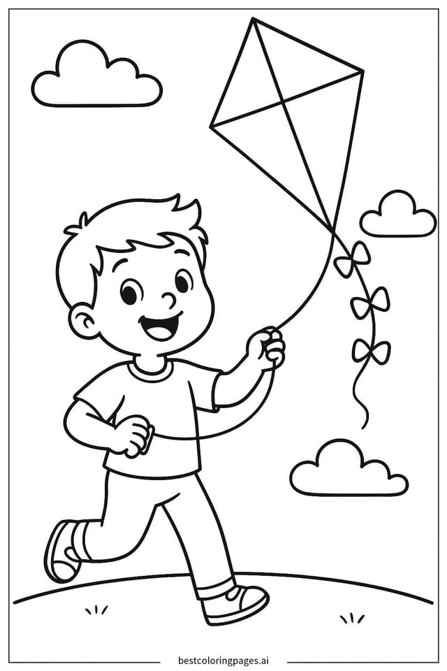 Boy Flying a Kite Coloring Pages