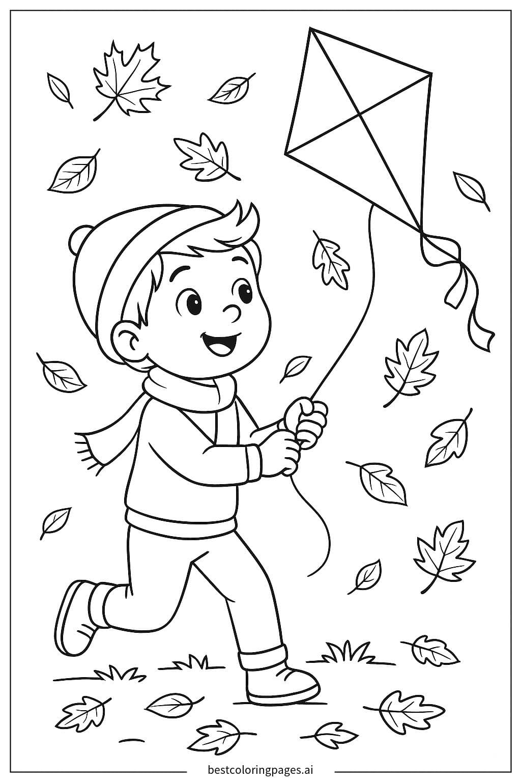 Junge fliegt Drachen im Herbstwind