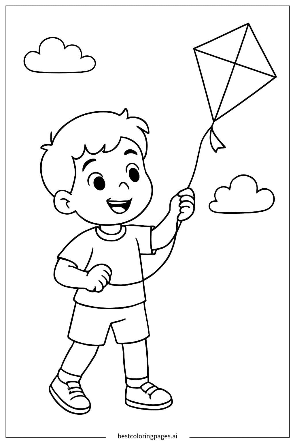 Boy Flying a Kite Coloring Page