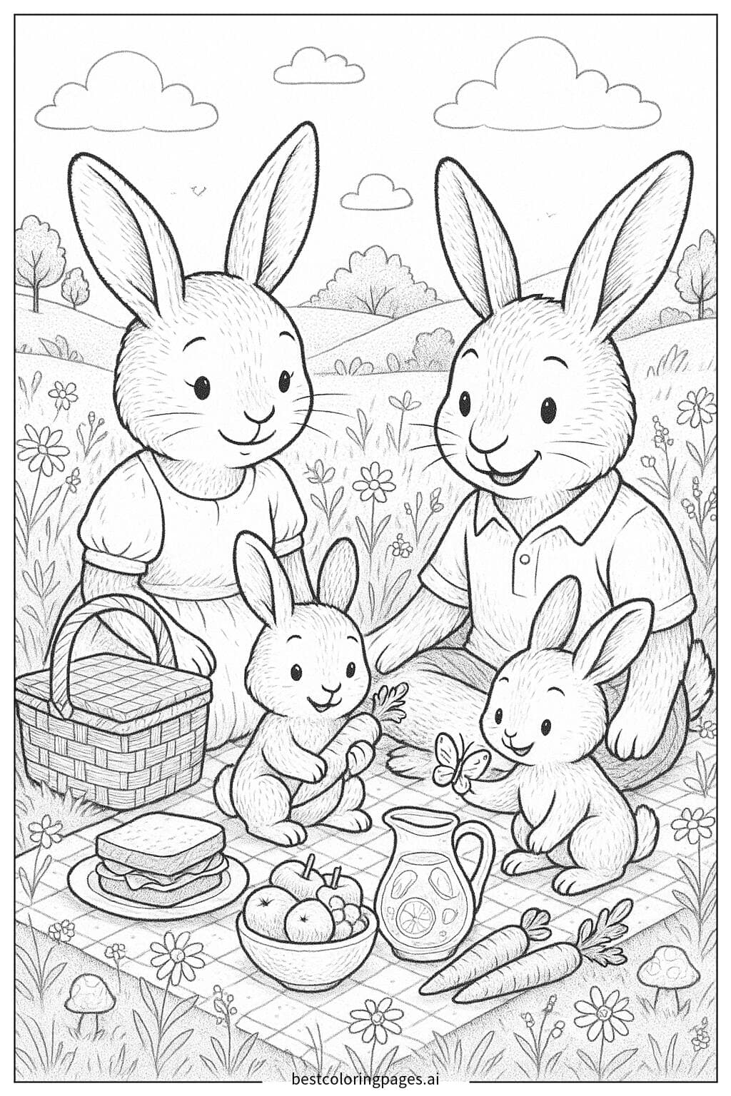 Bunny Family Picnic in the Meadow
