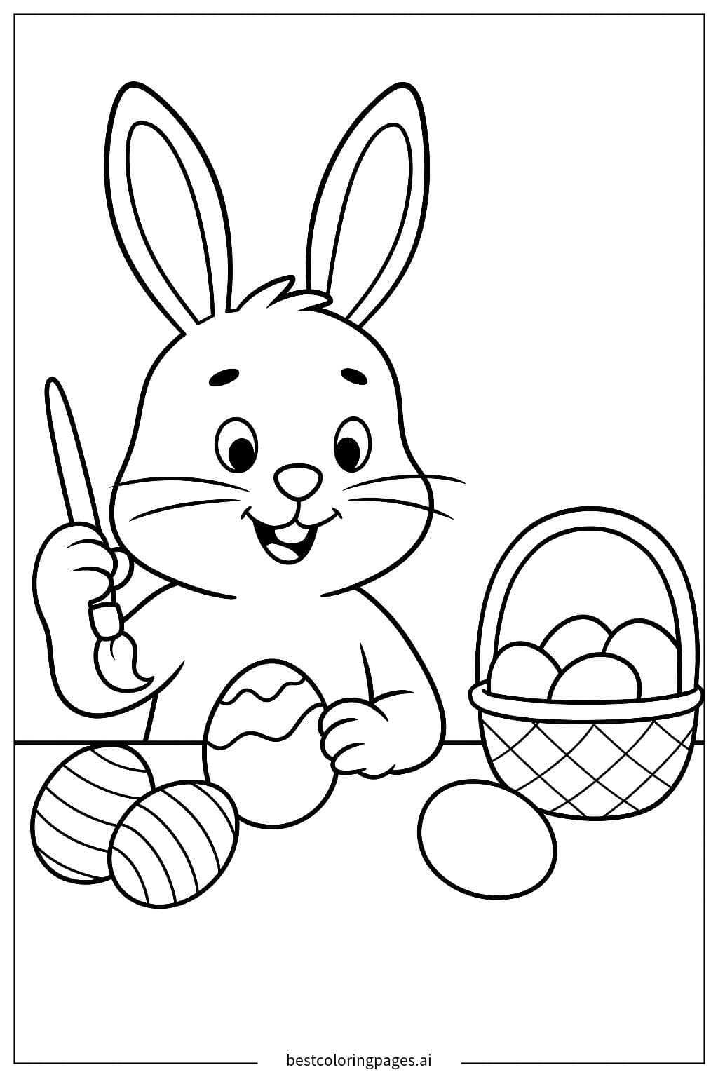 Bunny Painting Easter Eggs on a Table Coloring Page