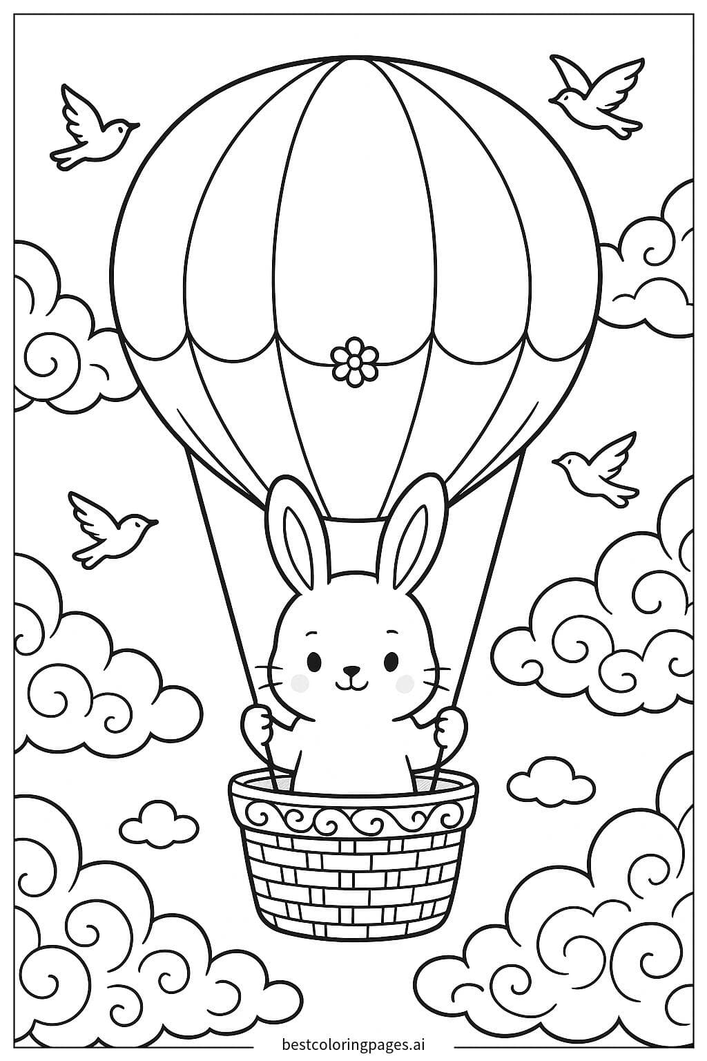 Desenhos de Coelhinho voando em um balão de ar quente para Colorir