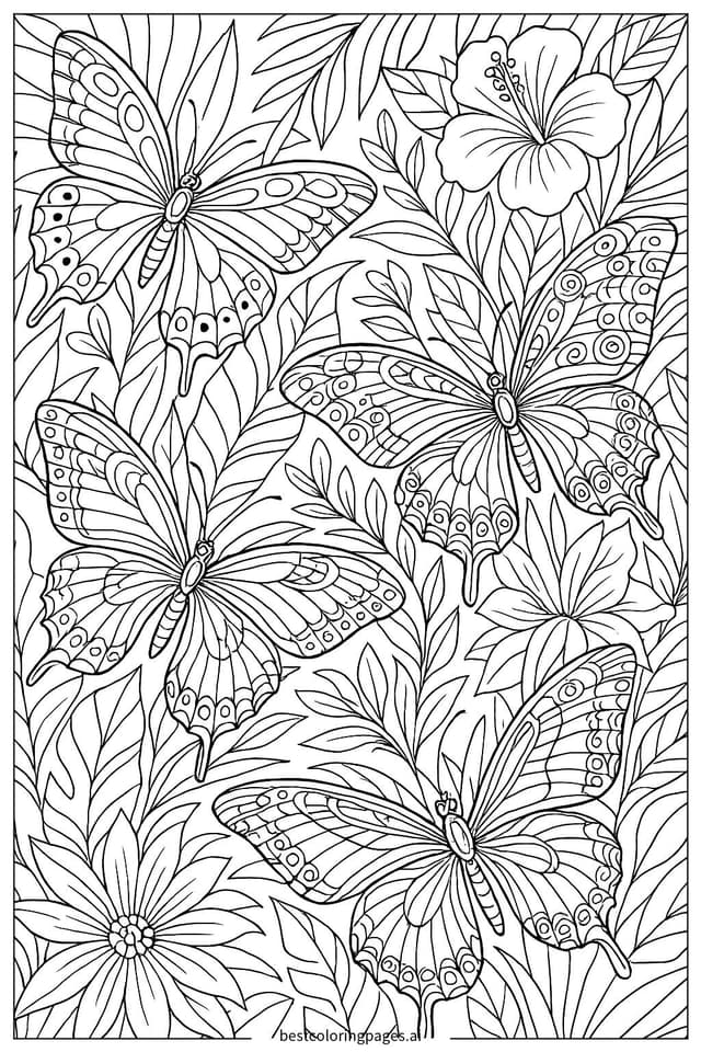 Dibujos de Mariposas en el Jardín Tropical para Colorear