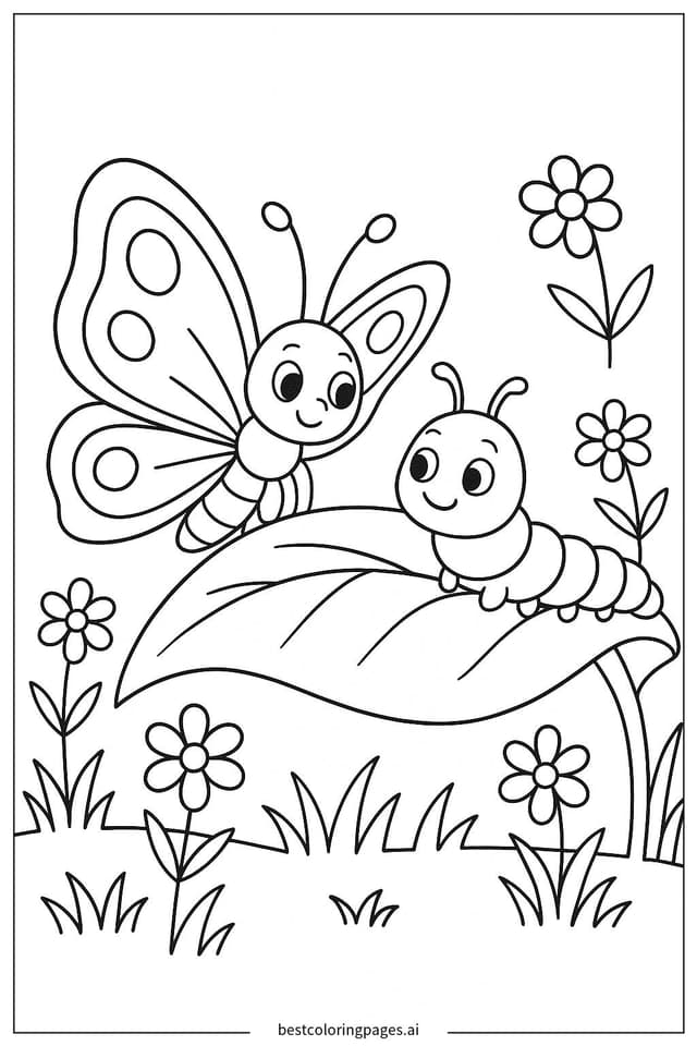 Dibujos de Amistad de la Mariposa y la Oruga para Colorear