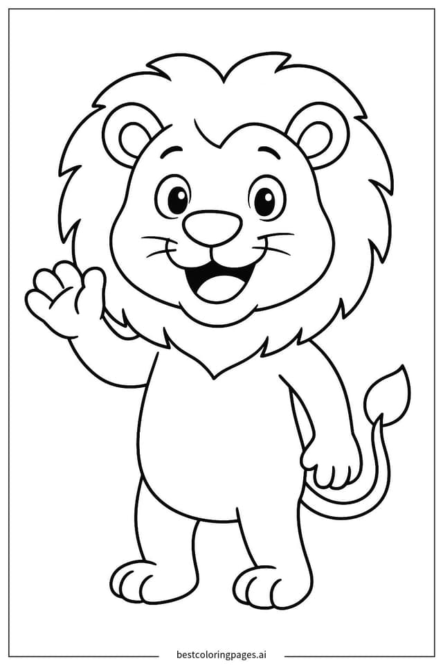 Friendly Cartoon Lion Waving Hello Coloring Pages