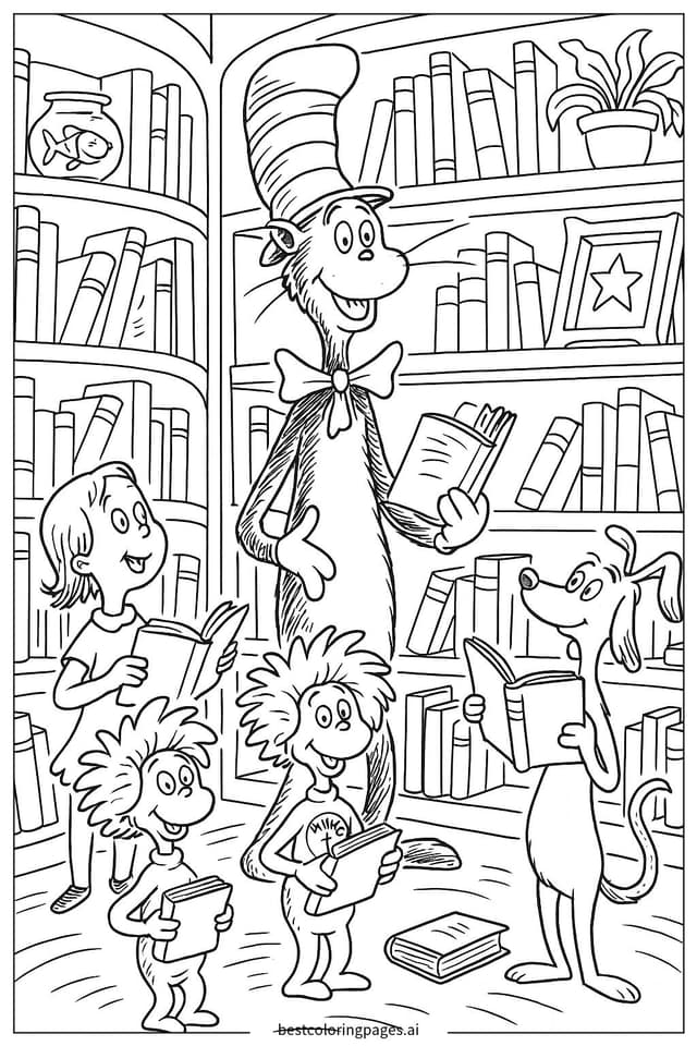 Cat in the Hat and Friends in the Library Coloring Page
