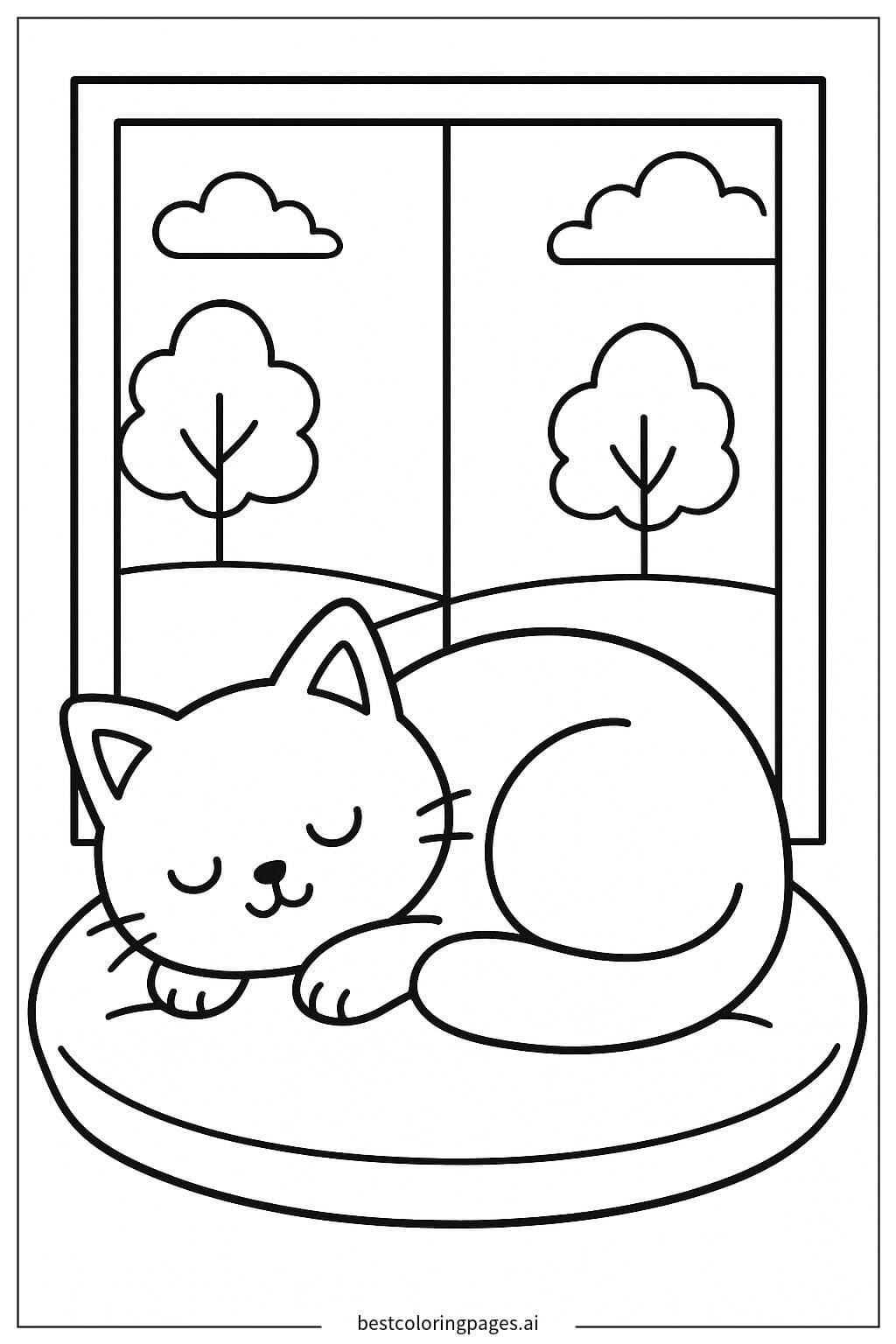 Cozy Cat Napping by the Window Coloring Page