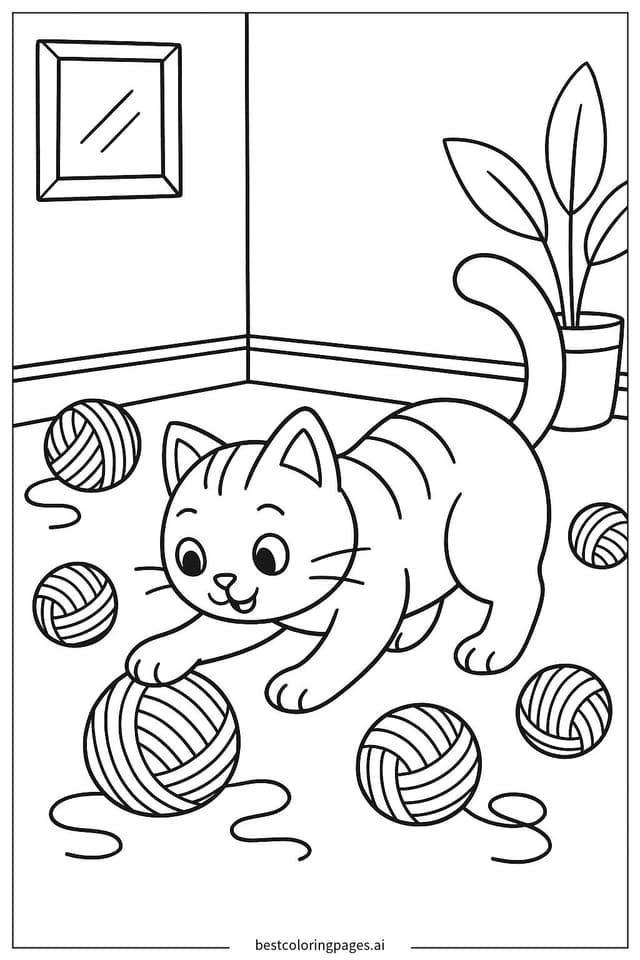 Playful Cat with Yarn Balls Coloring Pages
