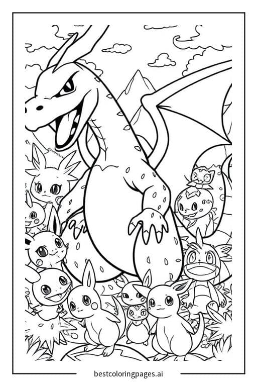 Glurak umgeben von kleineren Pokémon Ausmalbilder