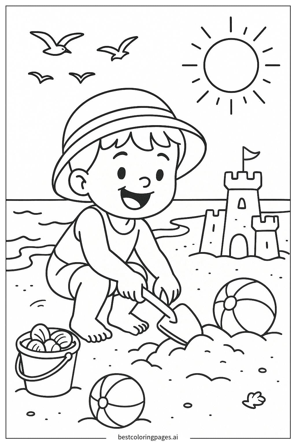 Desenhos de Criança cavando com uma pá na praia para Colorir