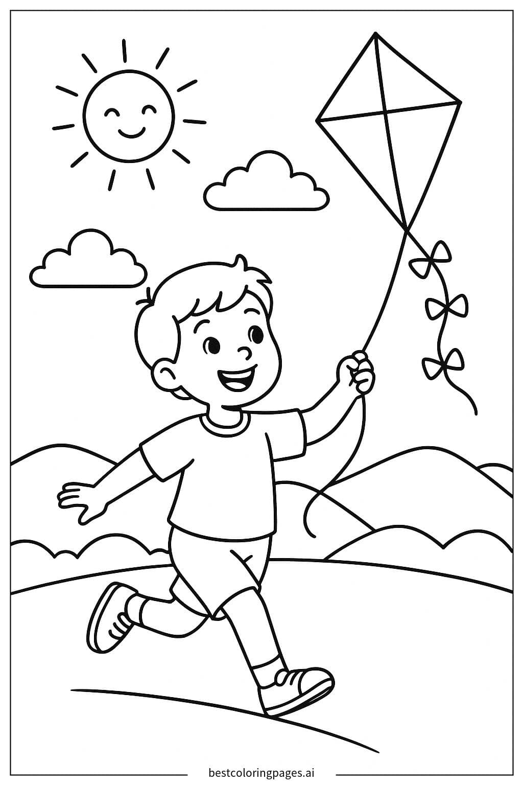 Joyful Kite Flying Adventure Coloring Page