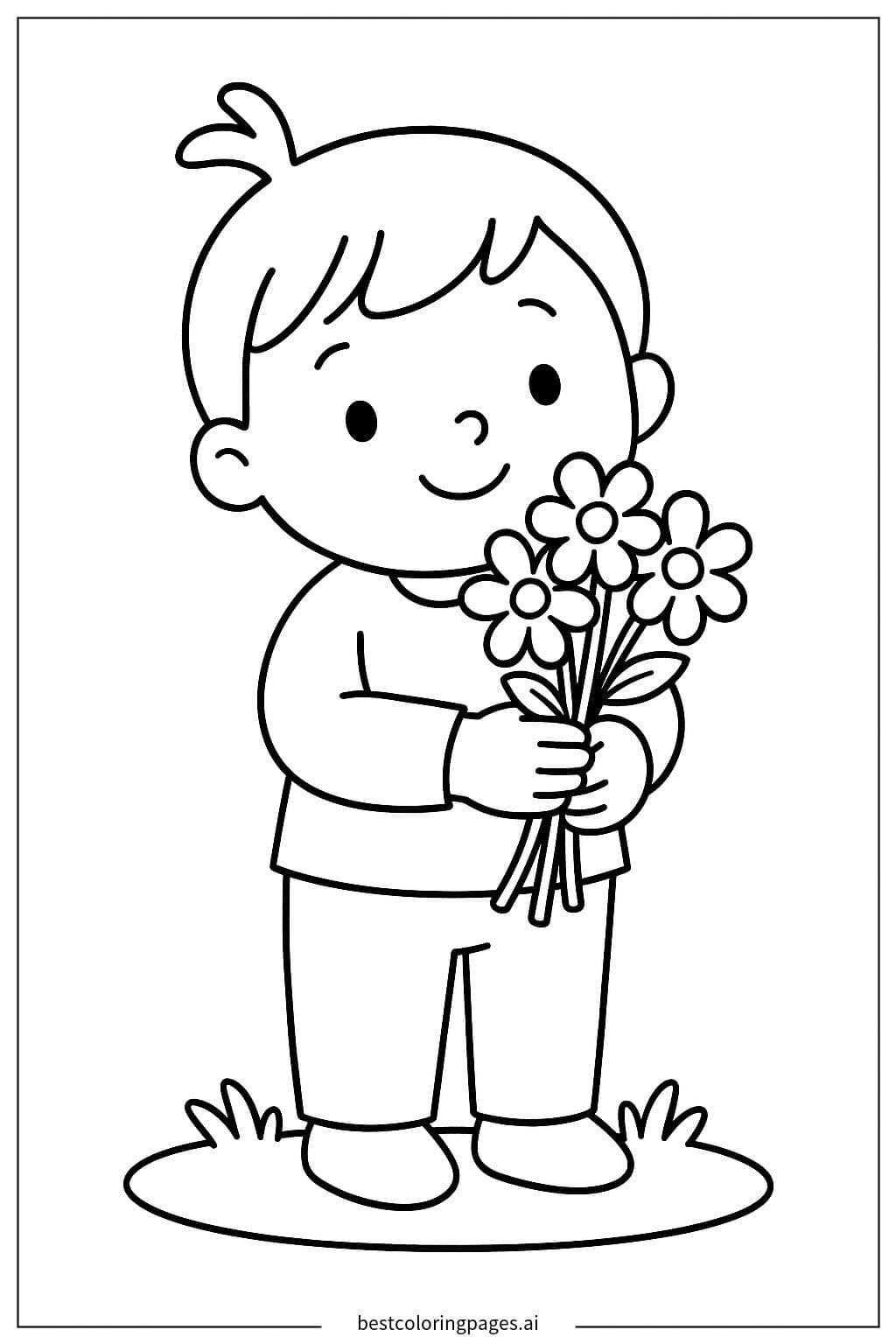 手捧花束的孩子 著色圖