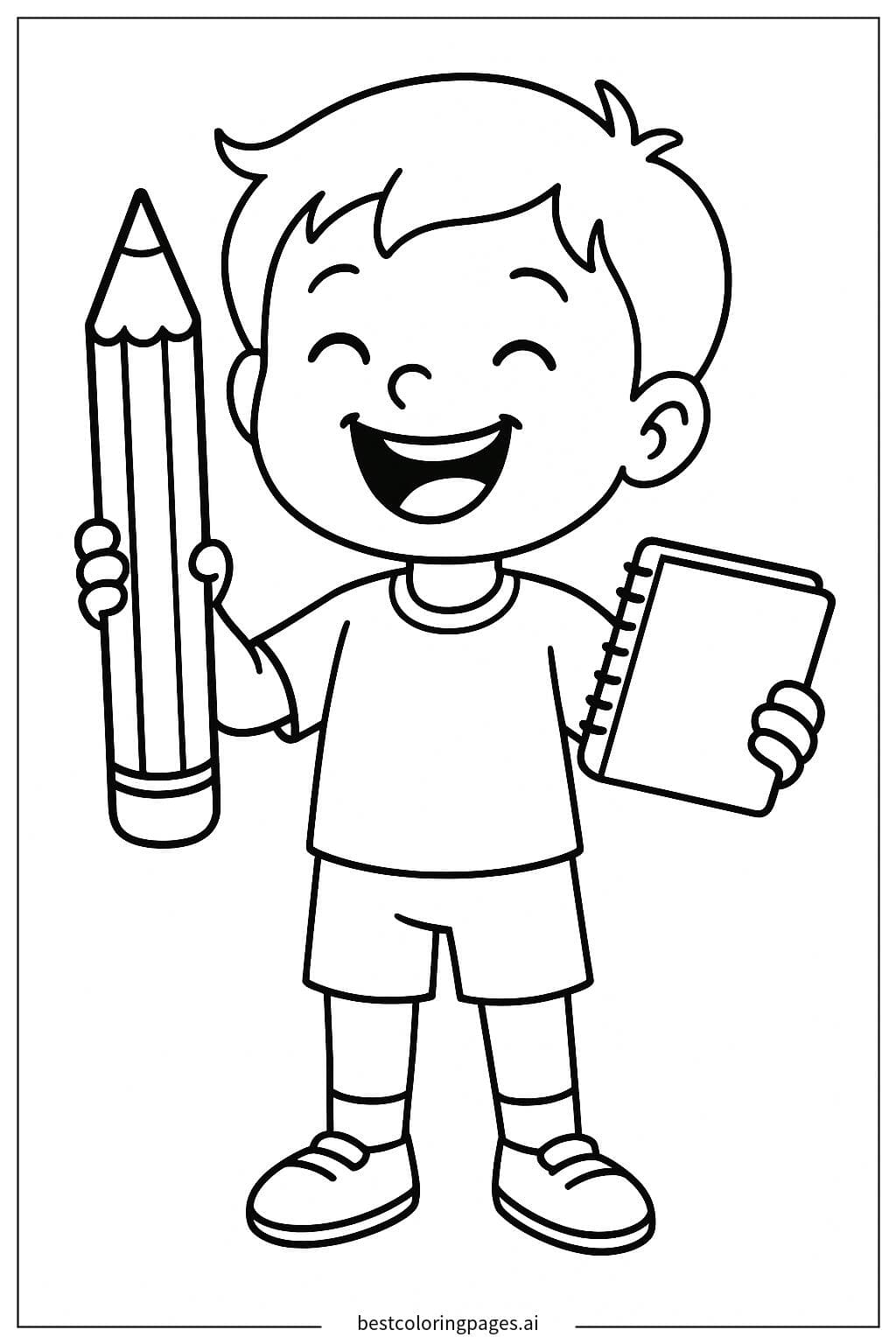 Cheerful Child Holding a Pencil and Notebook