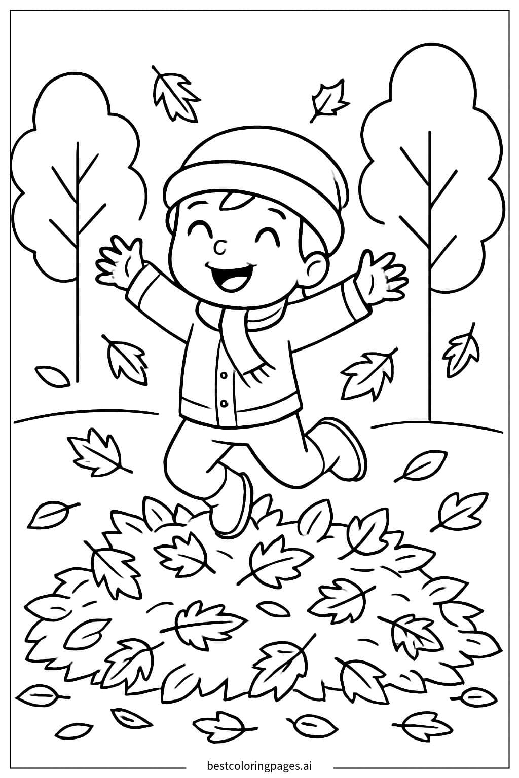 Joyful Child Jumping in Autumn Leaves Coloring Page