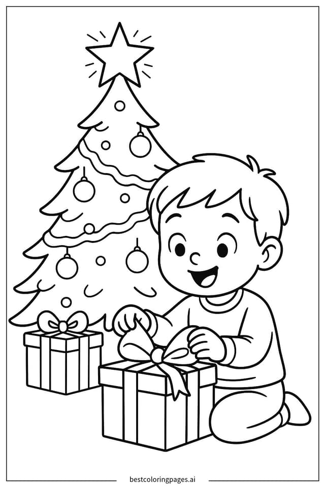 Disegni di Bambino che apre il regalo da Colorare