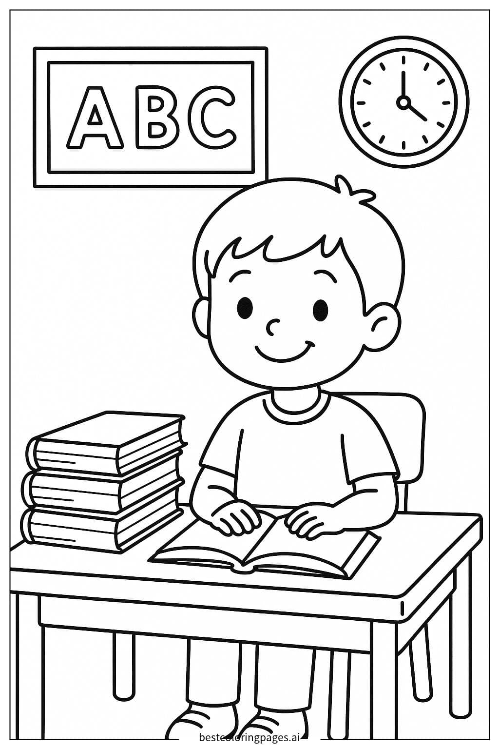 Child Studying at Desk with Books