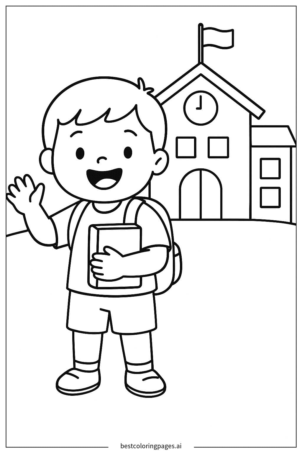Happy Child with a Backpack in Front of a School