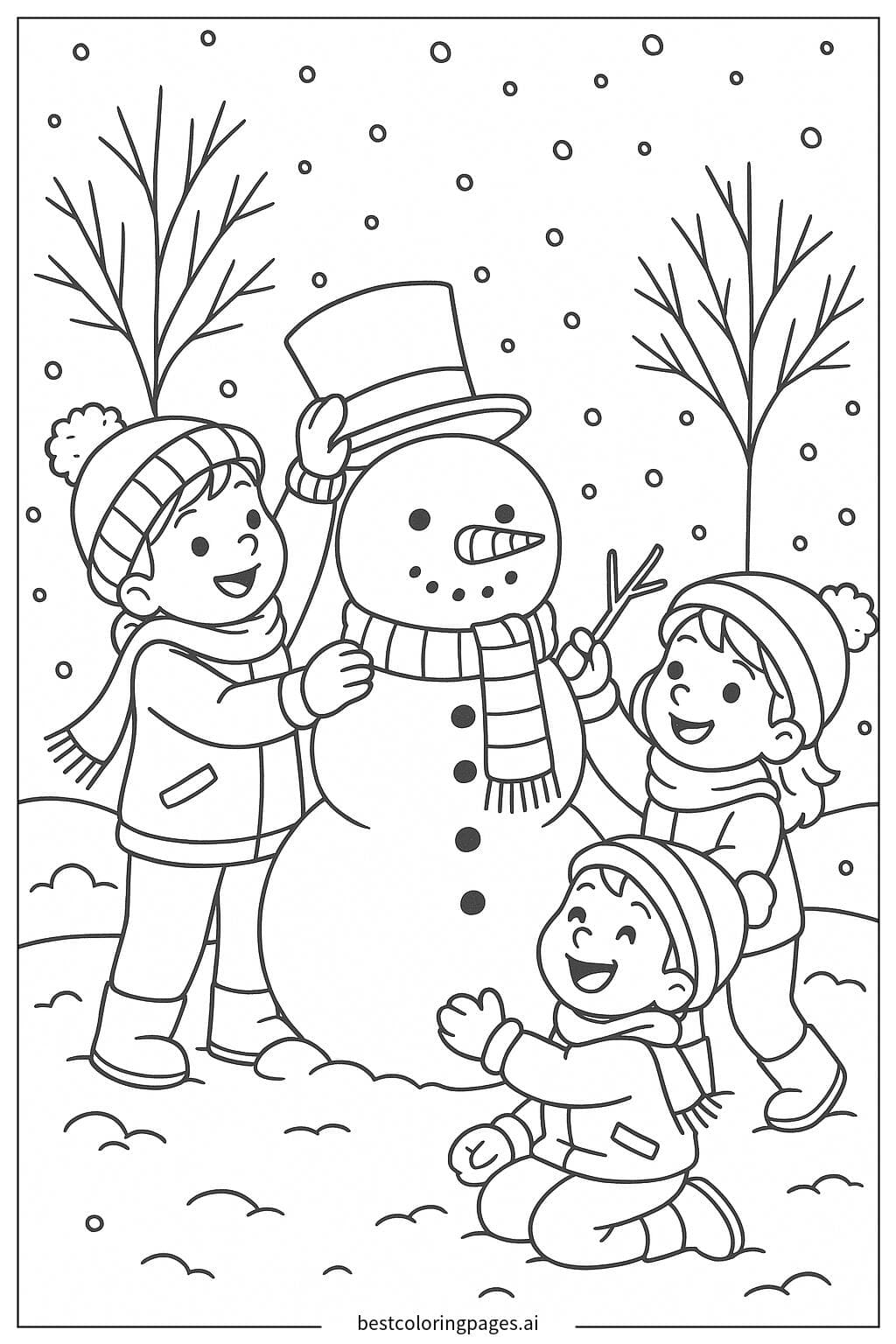 Crianças construindo um boneco de neve juntas