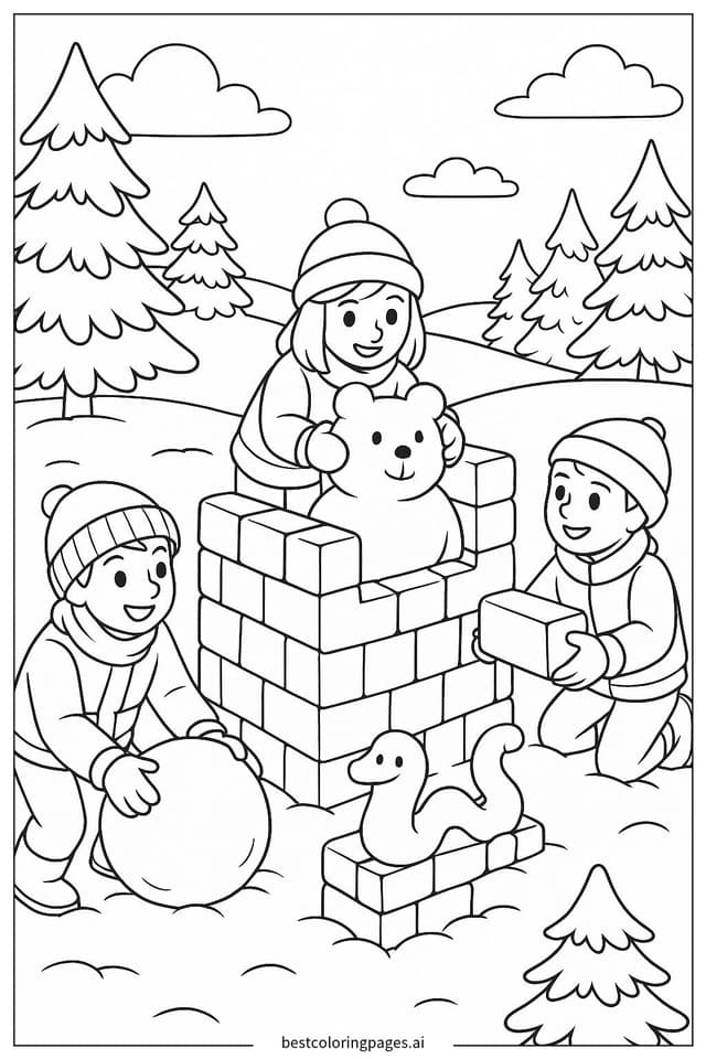 孩子們搭建雪堡 著色圖