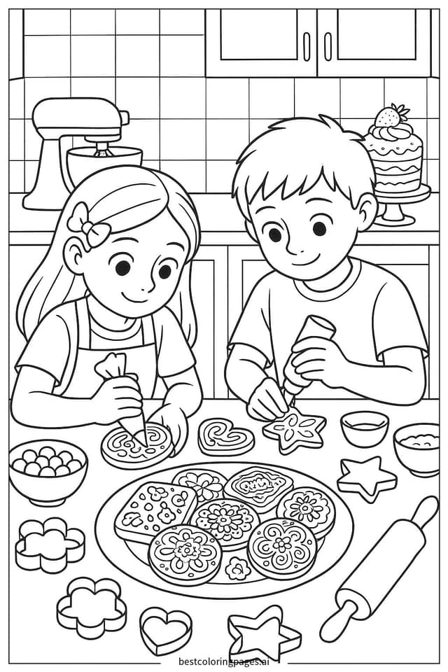 Disegni di Bambini che Decorano Biscotti da Colorare