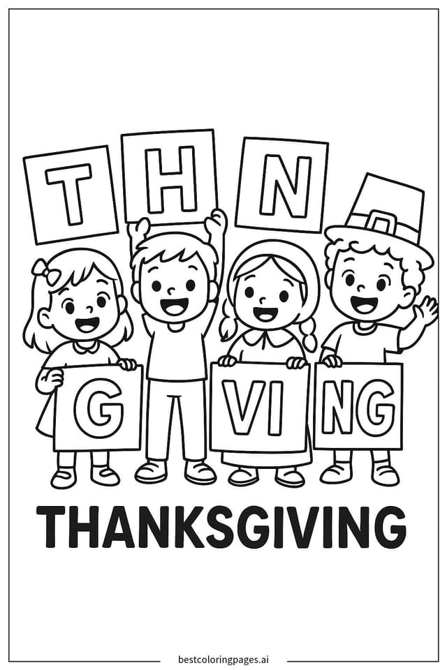 Kinder halten Thanksgiving-Schilder Ausmalbilder